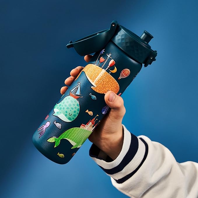 Ion8 Steel Water Bottle, 600 ml/20 oz, Leak Proof, Easy to Open, Secure Lock, Dishwasher Safe, Flip Cover, Fits Cup Holders, Carry Handle, Durable, Metal Water Bottle, Raised Print, Whales Design - British D'sire