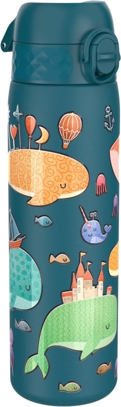 Ion8 Steel Water Bottle, 600 ml/20 oz, Leak Proof, Easy to Open, Secure Lock, Dishwasher Safe, Flip Cover, Fits Cup Holders, Carry Handle, Durable, Metal Water Bottle, Raised Print, Whales Design - British D'sire