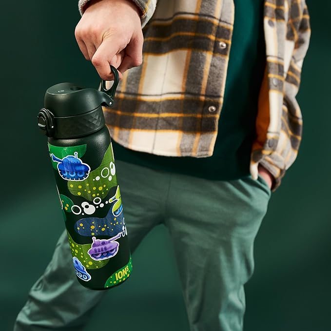 Ion8 Steel Water Bottle, 600 ml/20 oz, Leak Proof, Easy to Open, Secure Lock, Dishwasher Safe, Flip Cover, Fits Cup Holders, Carry Handle, Durable, Metal Water Bottle, Raised Print, Tanks Design Secondary image