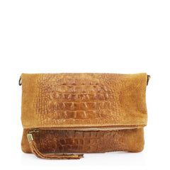 Italian Designer Foldover Croc Print Suede Leather Clutch - Swolit Abra Dark Tan Brown - British D'sire