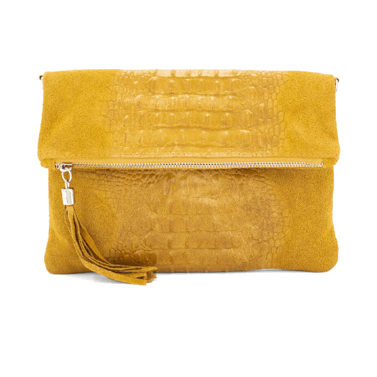 Italian Designer Foldover Croc Print Suede Leather Clutch - Swolit Abra Mustard - British D'sire Main image