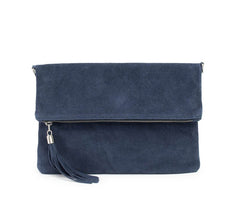 Italian Designer Foldover Plain Suede Leather Clutch-Eleganza Navy - British D'sire