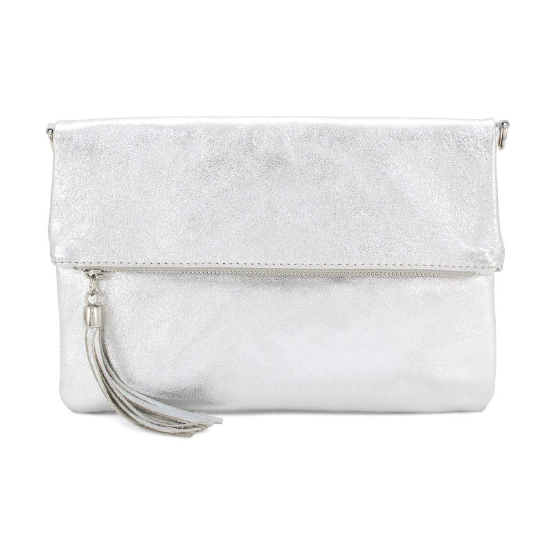 Italian Designer Foldover Sparkly Leather Clutch - Fascino - Silver - British D'sire