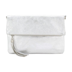 Italian Designer Foldover Sparkly Leather Clutch-Fascino- Silver - British D'sire