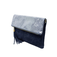 Italian Designer Foldover Sparkly Suede Leather Clutch- Swolit Eva- Navy - British D'sire