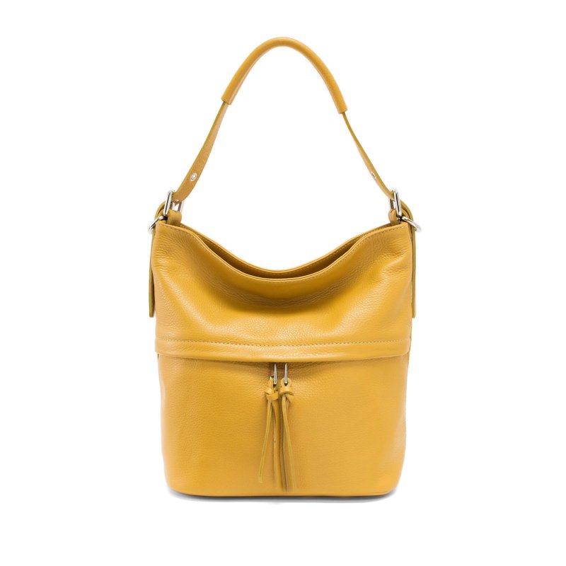 Italian Designer Leather Bucket Bag with Tassel - Swolit Lusso - Mustard - British D'sire Main image