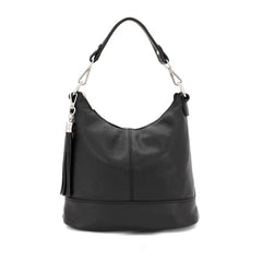 Italian Designer Leather Bucket Bag with Tassel- Swolit Tullio Black - British D'sire