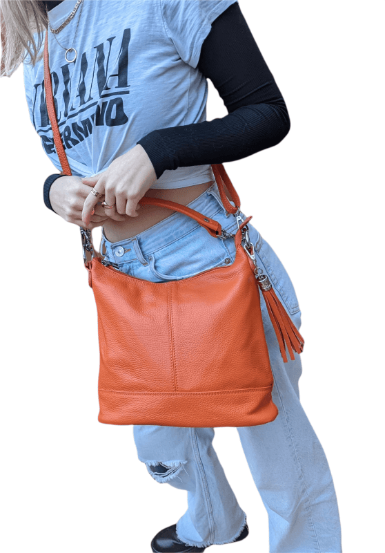 Italian Designer Leather Bucket Bag with Tassel - Swolit Tullio Magenta Fuchsia - British D'sire