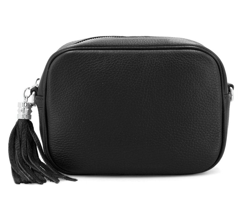 Italian Designer Leather Crossbody Shoulder Camera Bag Gaia -SILVER Hardware Black - British D'sire Main image