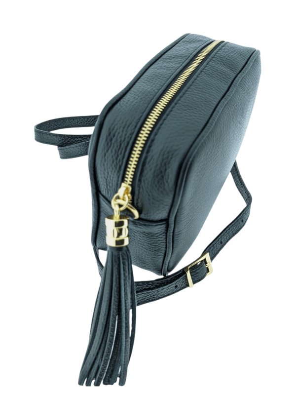 Italian Designer Leather Crossbody Shoulder Camera Bag Gaia -SILVER Hardware Black - British D'sire