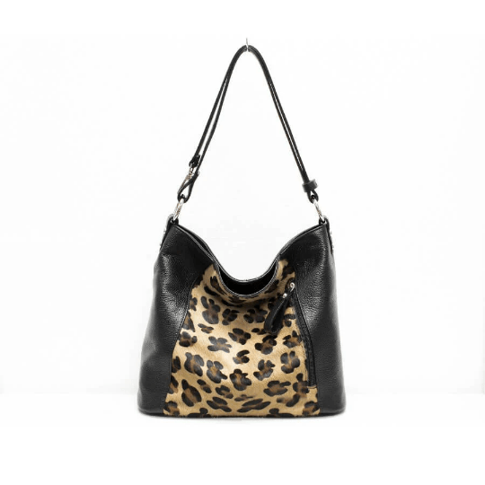 Italian Designer Leather Handbag with Adjustable Strap - Swolit Della Leopard Print - British D'sire