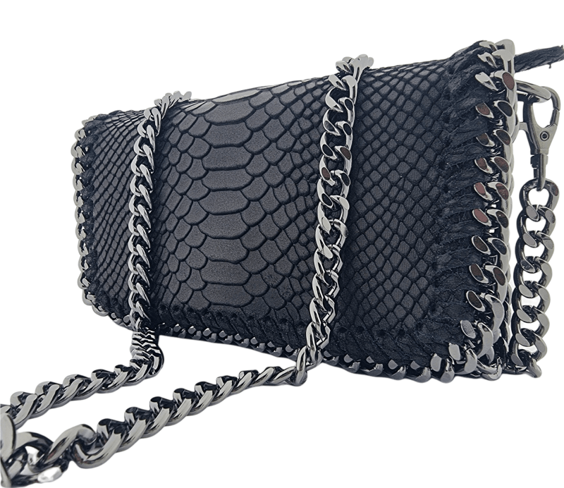 Italian Designer Soft Leather Snakeskin Print Chain Crossbody - Black - British D'sire