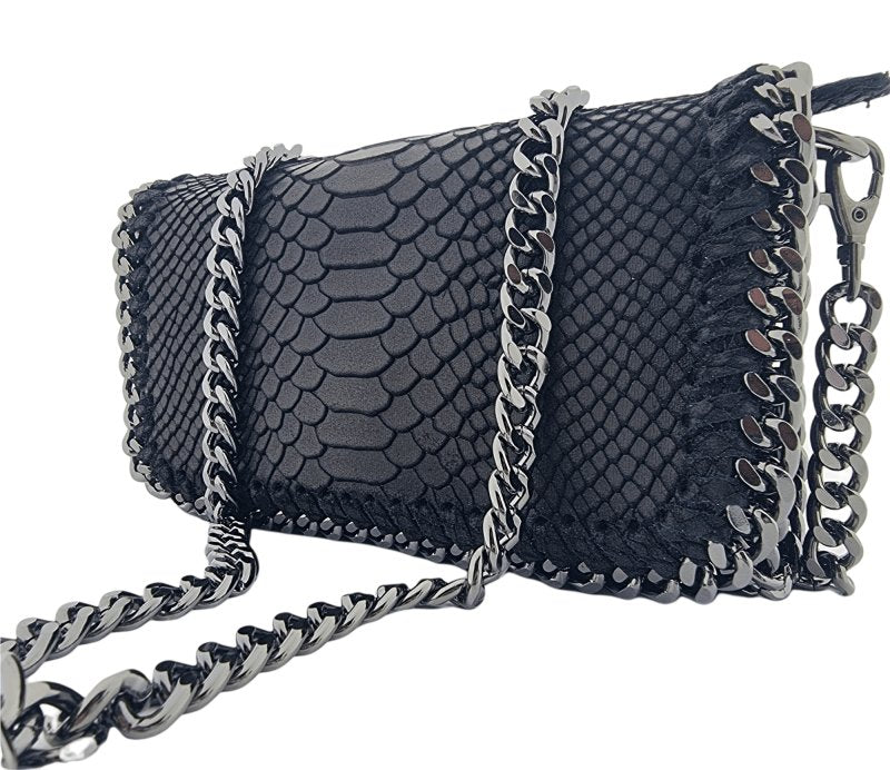 Italian Designer Soft Leather Snakeskin Print Chain Crossbody - Black - British D'sire