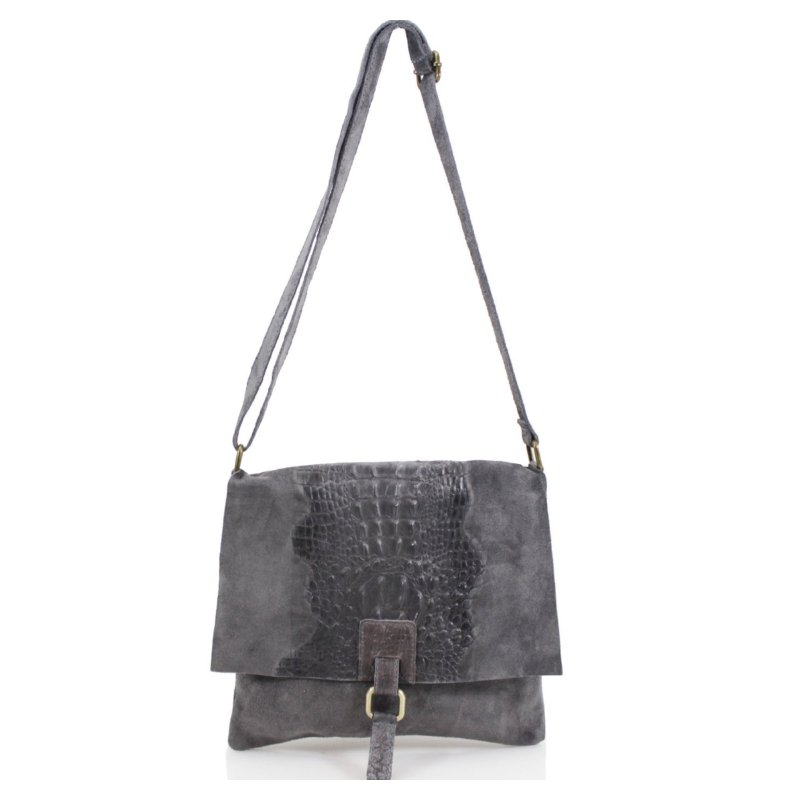 Italian Designer Suede Leather Snakeskin Cross Body Bag - Swolit Trisola - Dark Grey - British D'sire