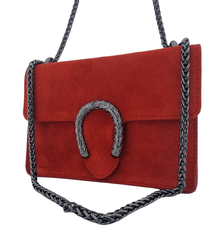 Italian Designer - Swolit Camilla Soft Red Suede Leather Crossbody Bag with Horseshoe - British D'sire