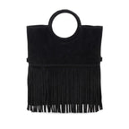 Italian Leather Suede Leather Circle Handle with Fringes Handbag with matching Crossbody bag - Swolit Giulia - Black - British D'sire