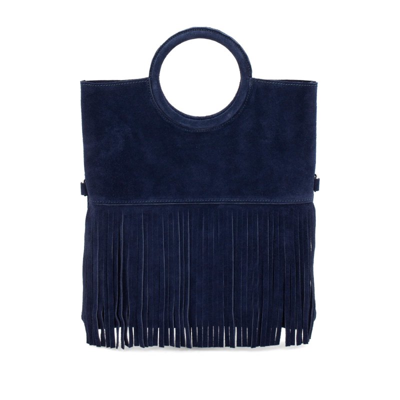 Italian Leather Suede Leather Circle Handle with Fringes Handbag with matching Crossbody bag - Swolit Giulia-Navy Secondary image