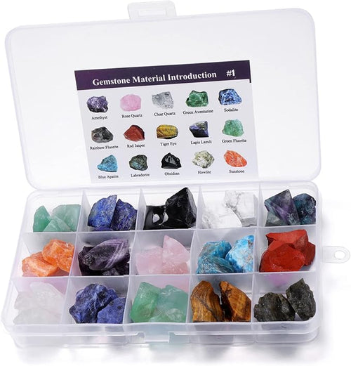 Vista – Mineral Rock Variety Rough Raw Crystals Gemstone Set – 15 Natural Healing Stones in Elegant Gift Box – Ideal for Energy Healing, Meditation, and Crystal Collection.
