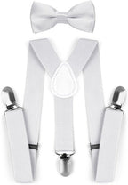 Kids Toddler Adjustable Elastic Fashion Suspenders Bow Tie Necktie Set (White) - British D'sire