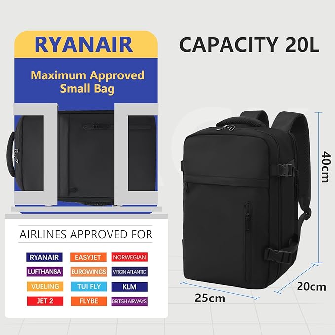 KIRFEIHT Cabin Bags 40x20x25 for Ryanair Underseat Carry-Ons Travel Backpack - Hand Luggage Backpack Cabin Bag Size 20L - Daypack School Office Bag with USB Port Secondary image