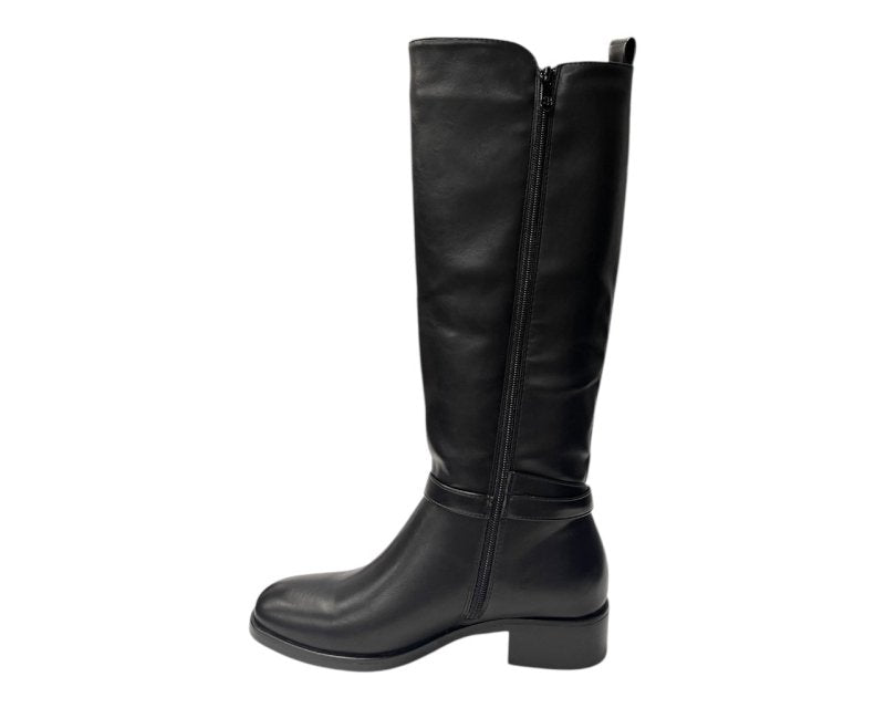 Knee High Faux Leather Elastic Panel Flat Sole Boots - Boots - British D'sire