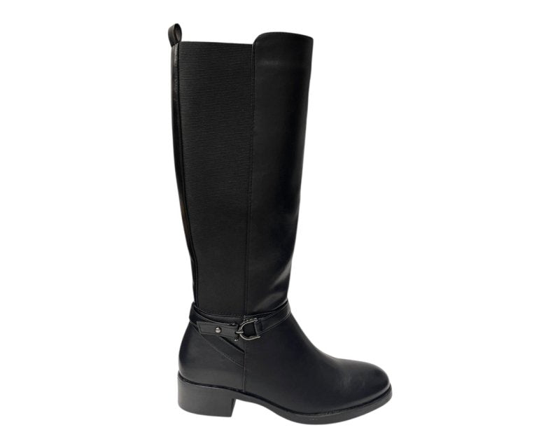 Knee High Faux Leather Elastic Panel Flat Sole Boots - Boots - British D'sire