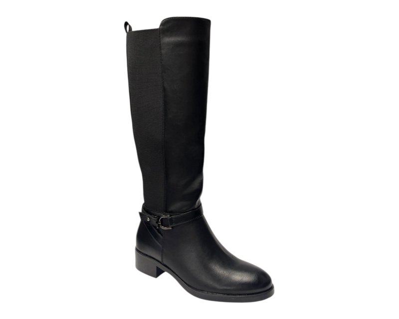 Knee High Faux Leather Elastic Panel Flat Sole Boots - Boots - British D'sire