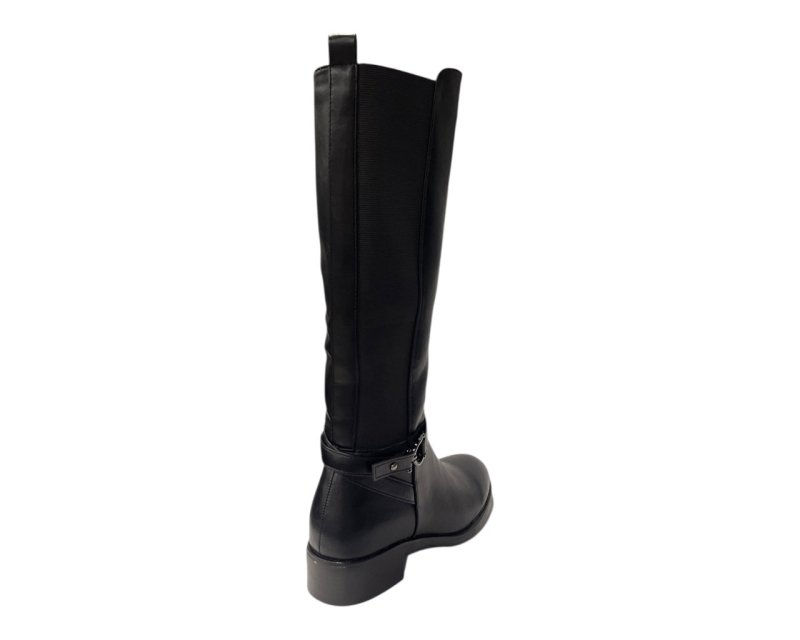 Knee High Faux Leather Elastic Panel Flat Sole Boots - Boots - British D'sire