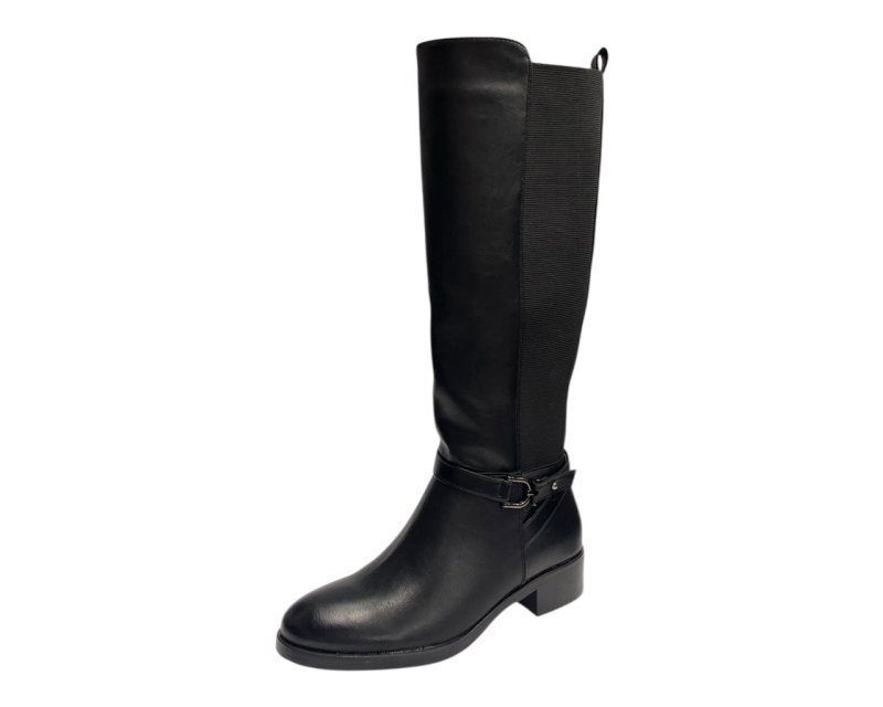 Knee High Faux Leather Elastic Panel Flat Sole Boots - Boots - British D'sire