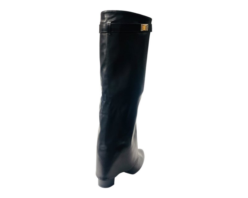 Knee High Faux Leather Fold Over Block Heel Boots - Boots - British D'sire