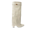 Knee High Faux Leather Fold Over Block Heel Boots - Boots - British D'sire