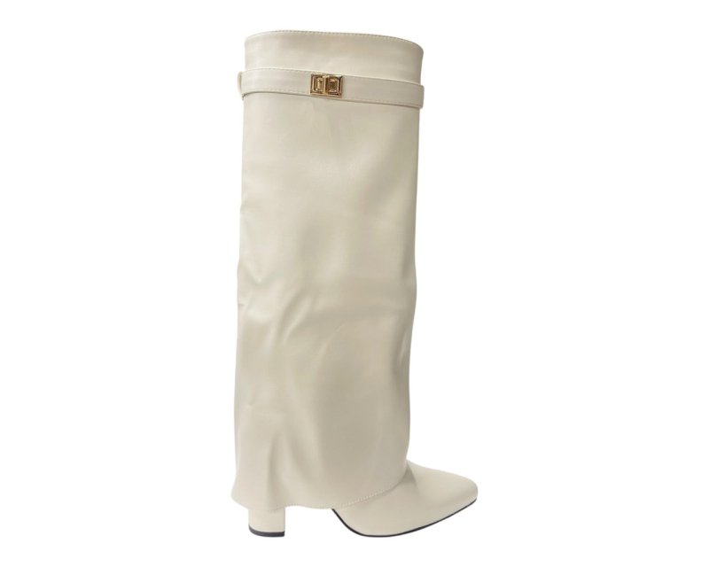 Knee High Faux Leather Fold Over Block Heel Boots - Boots - British D'sire