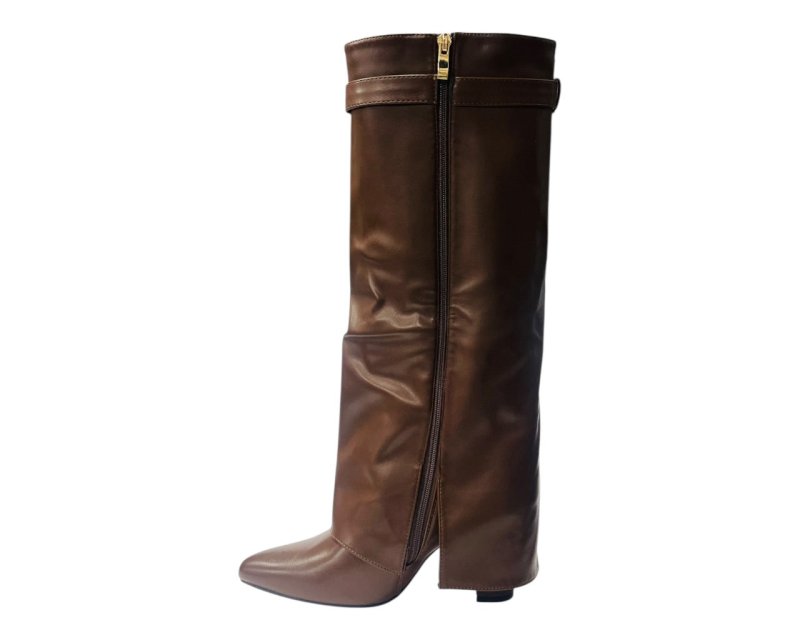 Knee High Faux Leather Fold Over Block Heel Boots - Boots - British D'sire