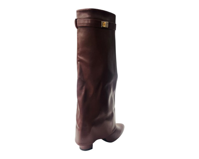 Knee High Faux Leather Fold Over Block Heel Boots - Boots - British D'sire