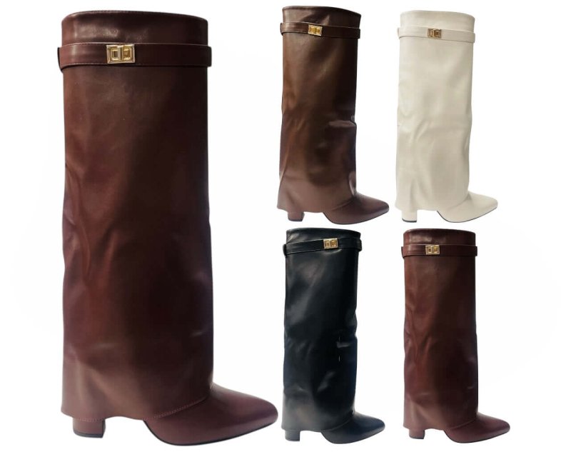 Knee High Faux Leather Fold Over Block Heel Boots - Boots - British D'sire