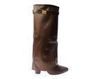 Knee High Faux Leather Fold Over Block Heel Boots - Boots - British D'sire