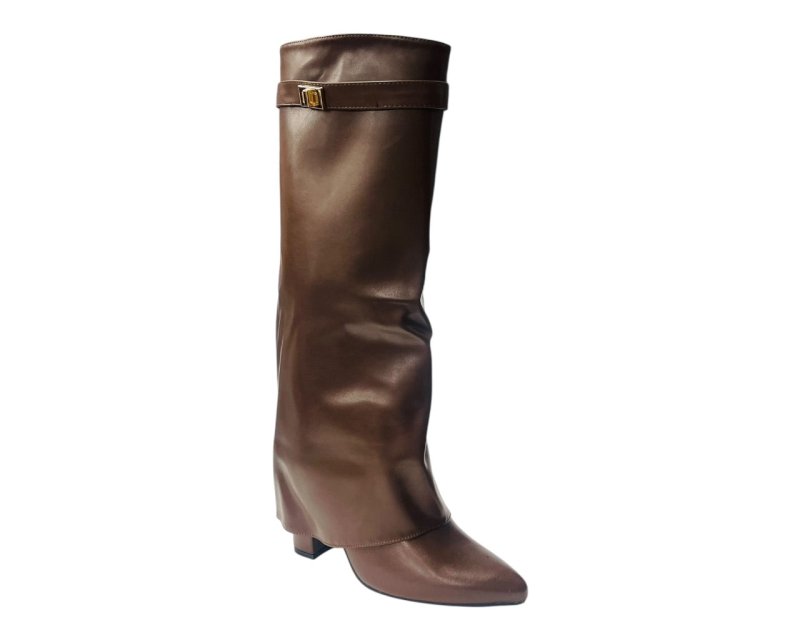 Knee High Faux Leather Fold Over Block Heel Boots - Boots - British D'sire