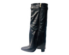 Knee High Faux Leather Fold Over Block Heel Boots - Boots - British D'sire
