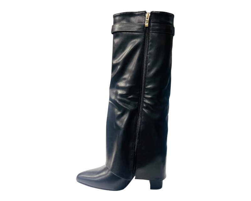 Knee High Faux Leather Fold Over Block Heel Boots - Boots - British D'sire