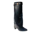 Knee High Faux Leather Fold Over Block Heel Boots - Boots - British D'sire