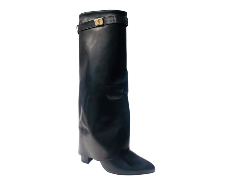 Knee High Faux Leather Fold Over Block Heel Boots - Boots - British D'sire