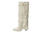 Knee High Faux Leather Fold Over Block Heel Boots - Boots - British D'sire