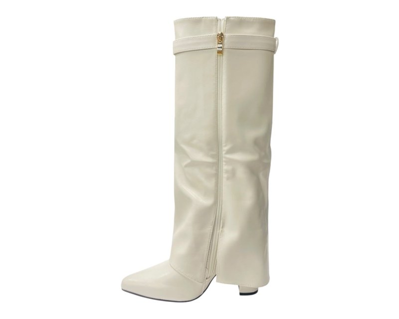 Knee High Faux Leather Fold Over Block Heel Boots - Boots - British D'sire