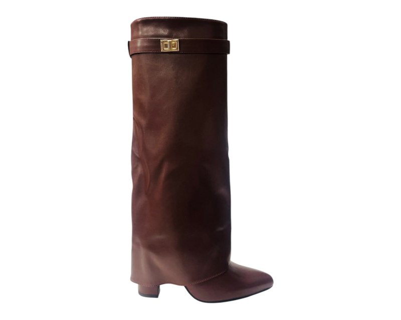 Knee High Faux Leather Fold Over Block Heel Boots - Boots - British D'sire