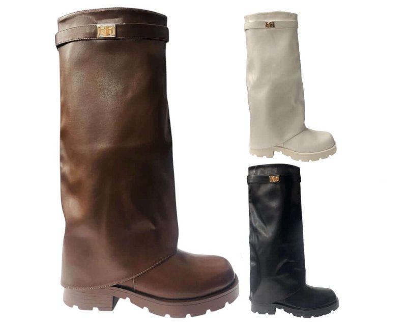 Knee High Faux Leather Fold Over Chunky Sole Boots - Boots - British D'sire