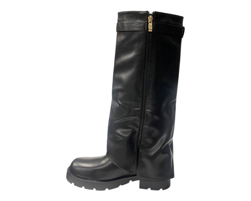 Knee High Faux Leather Fold Over Chunky Sole Boots - Boots - British D'sire