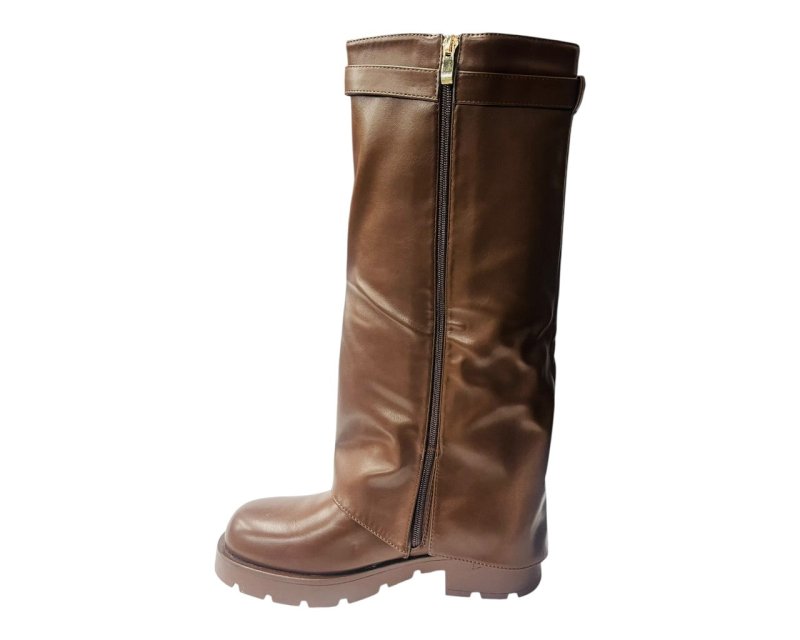 Knee High Faux Leather Fold Over Chunky Sole Boots - Boots - British D'sire