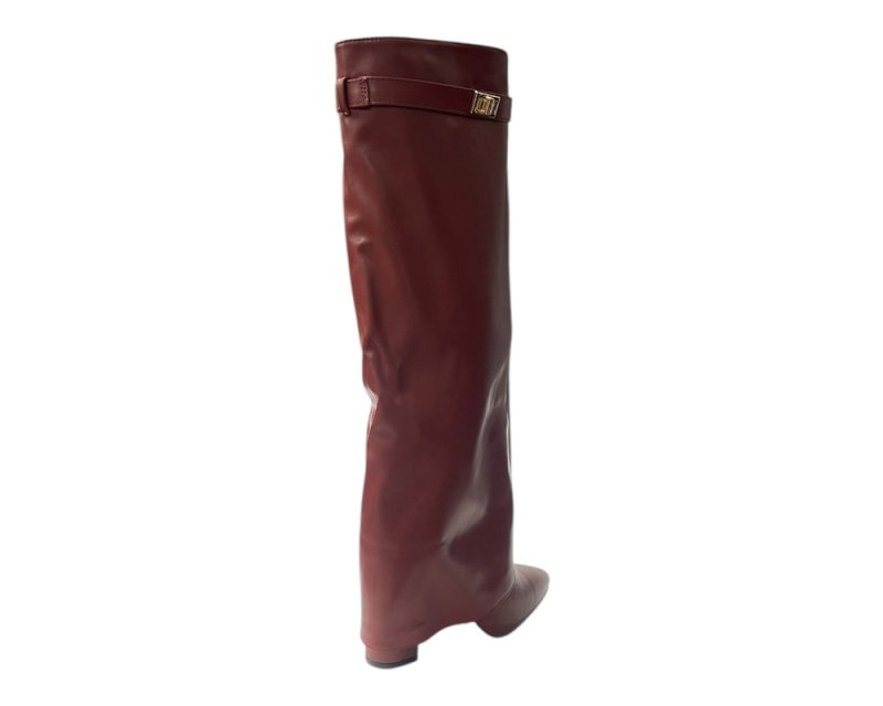 Knee High Faux Leather Fold Over Wedge Heel Boots - Boots - British D'sire