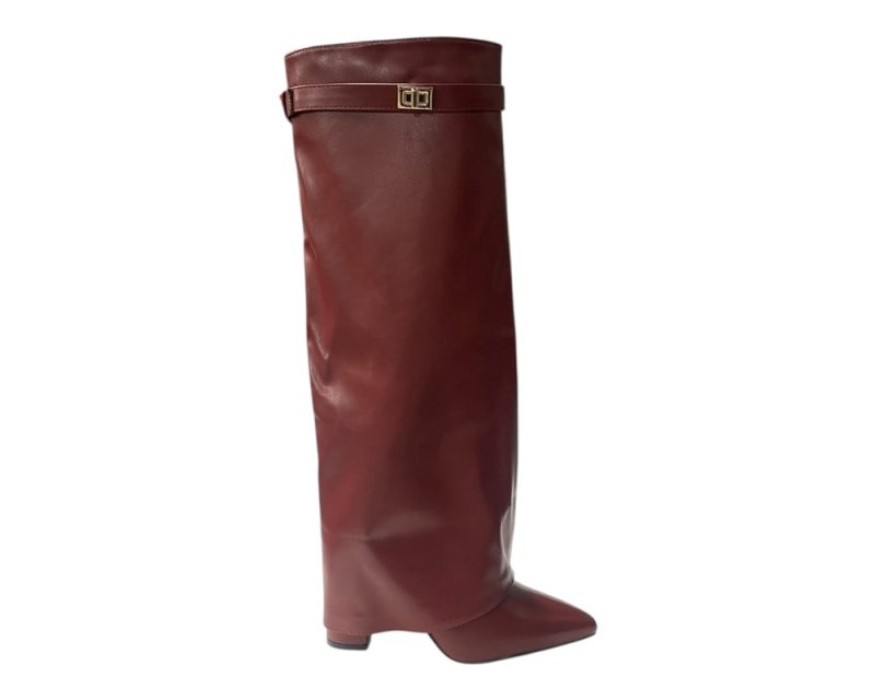 Knee High Faux Leather Fold Over Wedge Heel Boots - Boots - British D'sire