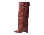 Knee High Faux Leather Fold Over Wedge Heel Boots - Boots - British D'sire